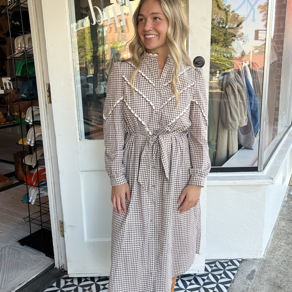 entro brown and cream gingham scalloped trim long sleeve midi dress